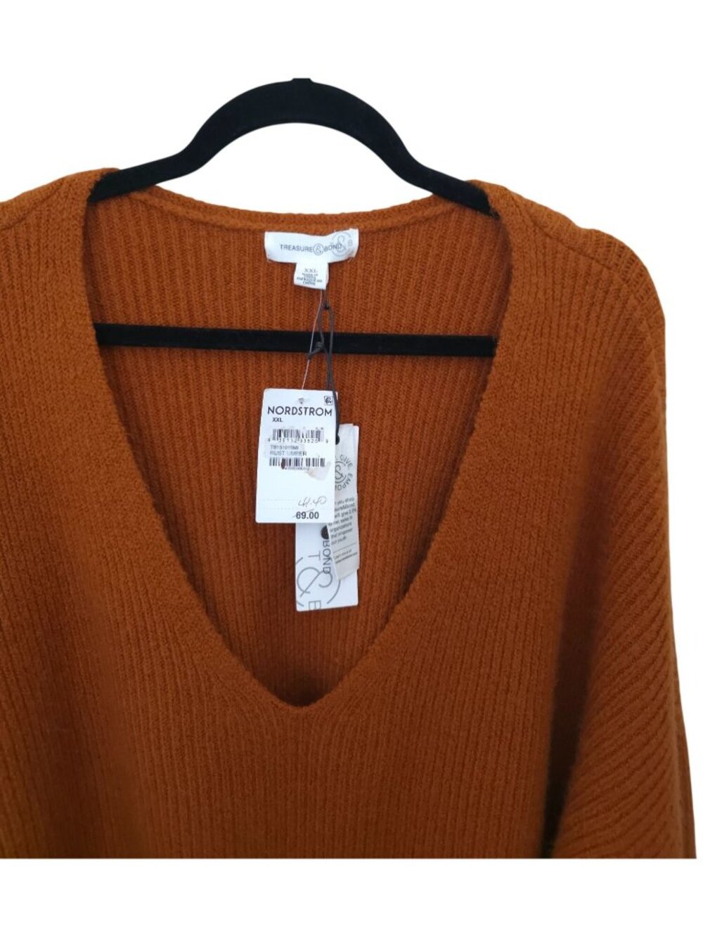 Treasure & Bond Rust Umber Cotton-Wool V-Neck Ribbed Knit Sweater Women's XXL - Picture 5 of 9